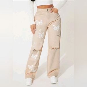 Shein Kahki Colored Butterfly Jeans